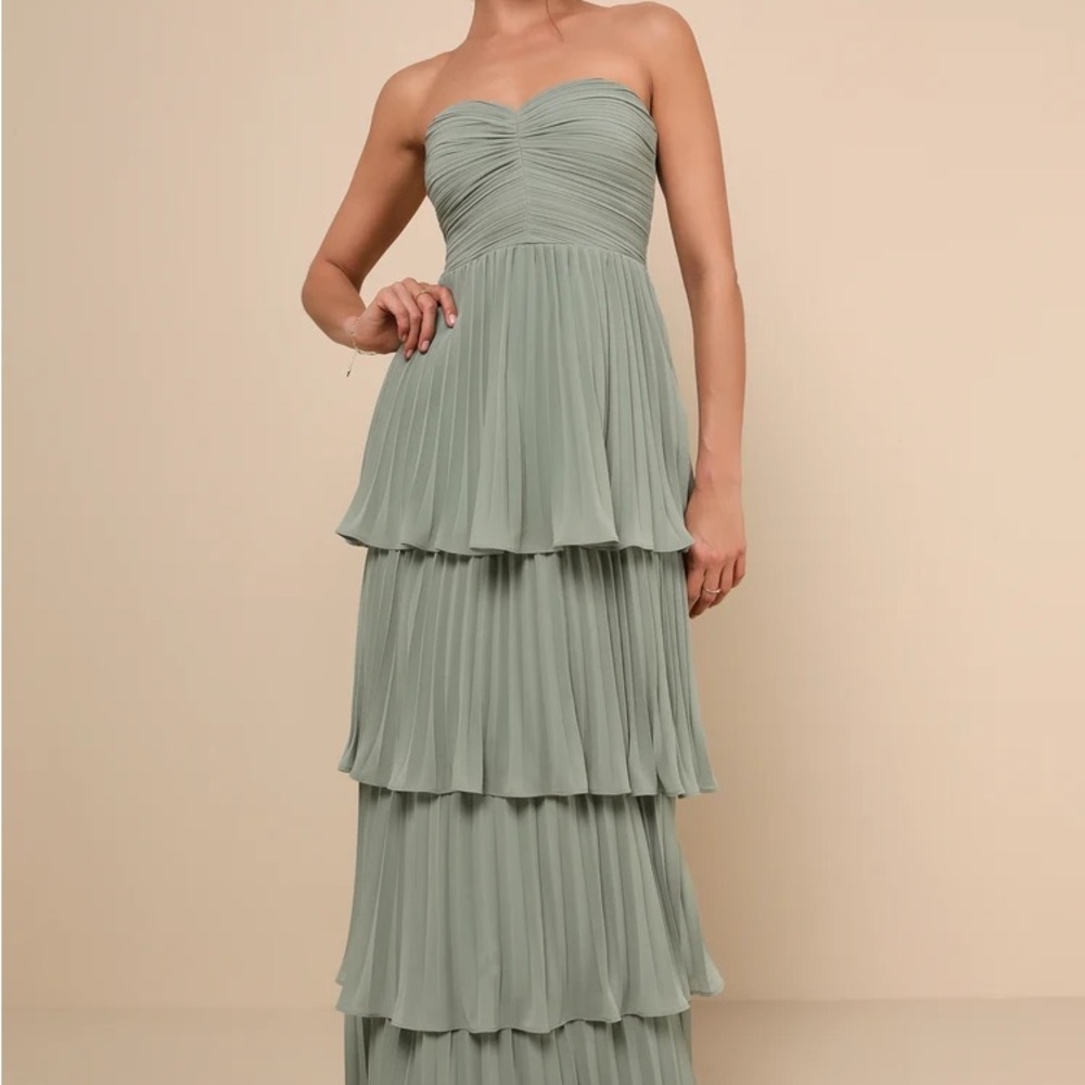 Lulu's Seriously Sensational Sage Brush Strapless Tiered Maxi Dress